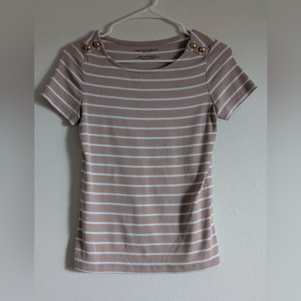 Christian Siriano Beige White Striped Short Sleeve Top Women Sz XS Cotton Blend
